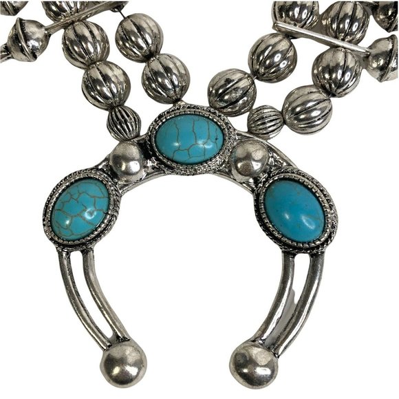 Southwestern Faux Turquoise Squash Blossom Statement Necklace & Earrings NEW - Picture 6 of 8